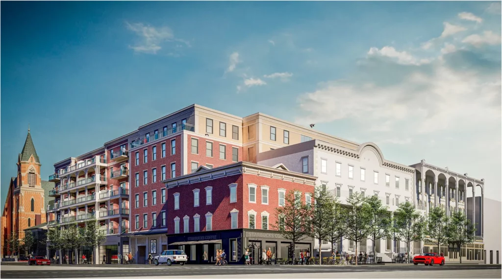 View of Adelphi Hotel and Broadway Street in Saratoga Springs, NY