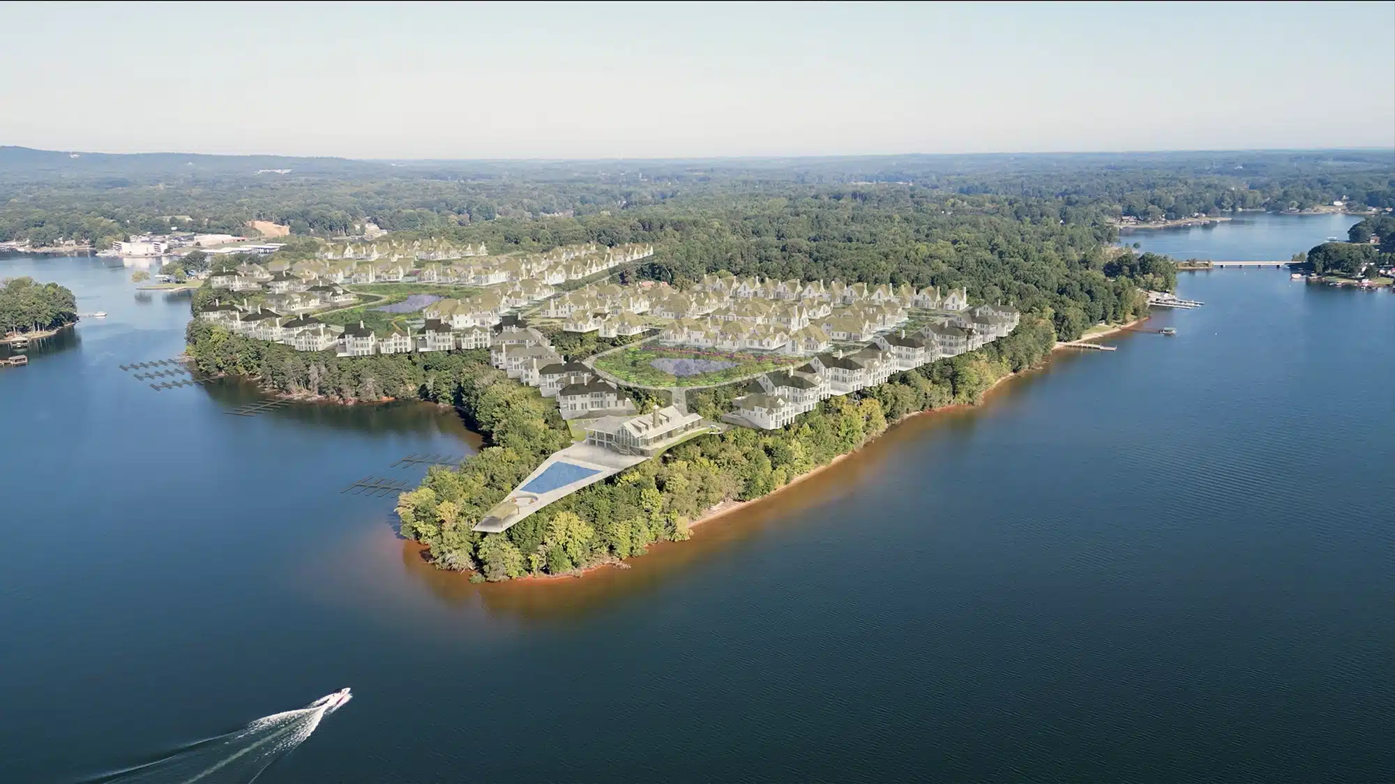 Aerial view of the pool terrace and dock at Lakeside Pointe in Lake Norman