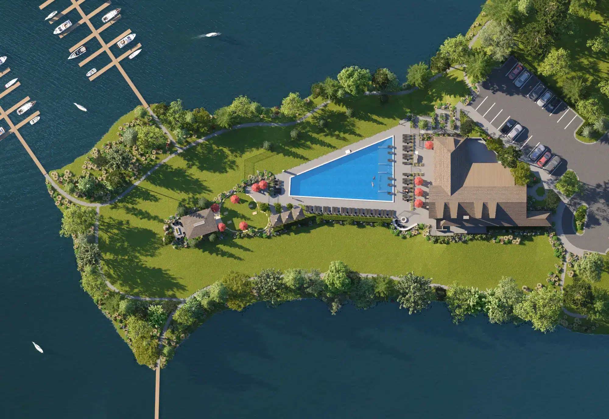 Aerial view of the pool terrace and dock at Lakeside Pointe in Lake Norman